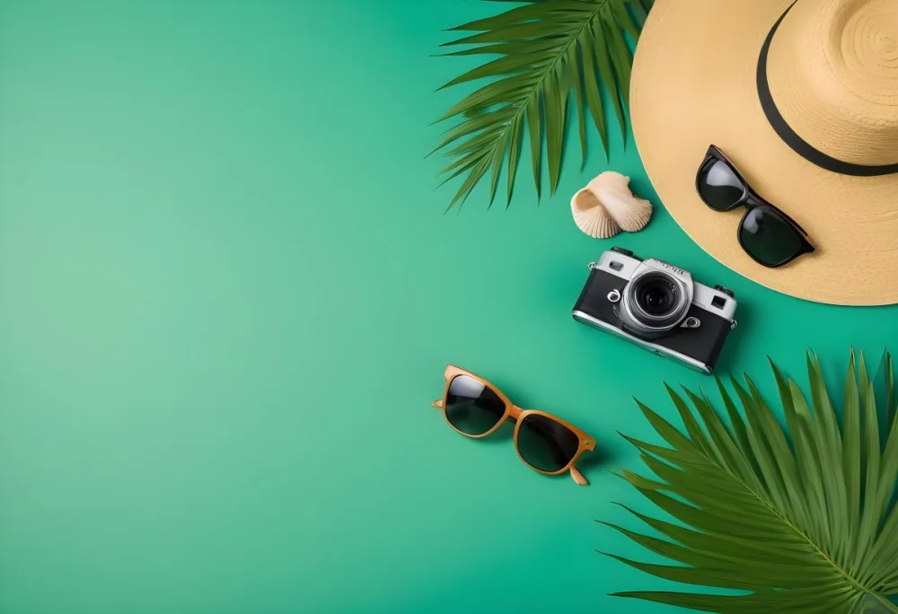 Camera Sunglasses Shells Straw Hat And A Palm Leaf On A Green Background Summer Vacation Concept Travel And Tourism 3 7caf