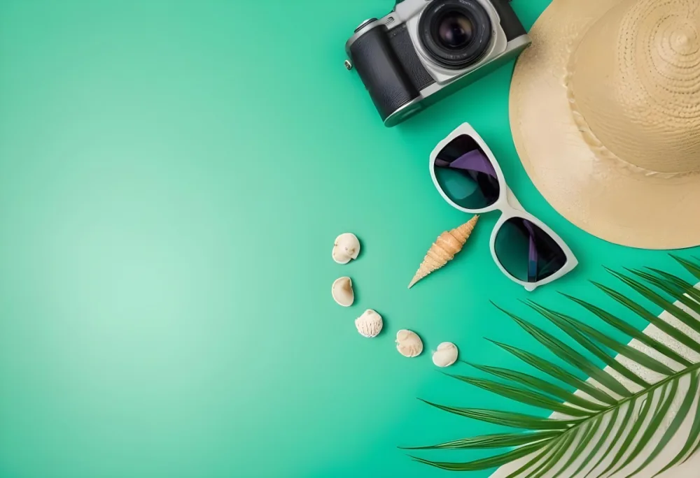 Camera Sunglasses Shells Straw Hat And A Palm Leaf On A Green Background Summer Vacation Concept Travel And Tourism 30 C925