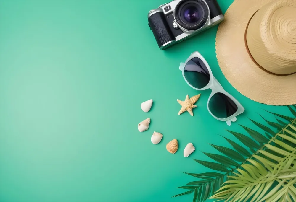 Camera Sunglasses Shells Straw Hat And A Palm Leaf On A Green Background Summer Vacation Concept Travel And Tourism 31 C926