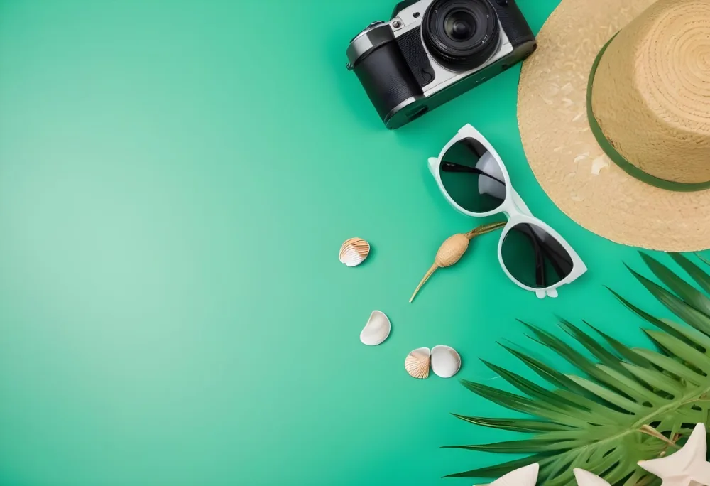 Camera Sunglasses Shells Straw Hat And A Palm Leaf On A Green Background Summer Vacation Concept Travel And Tourism 6 2df1
