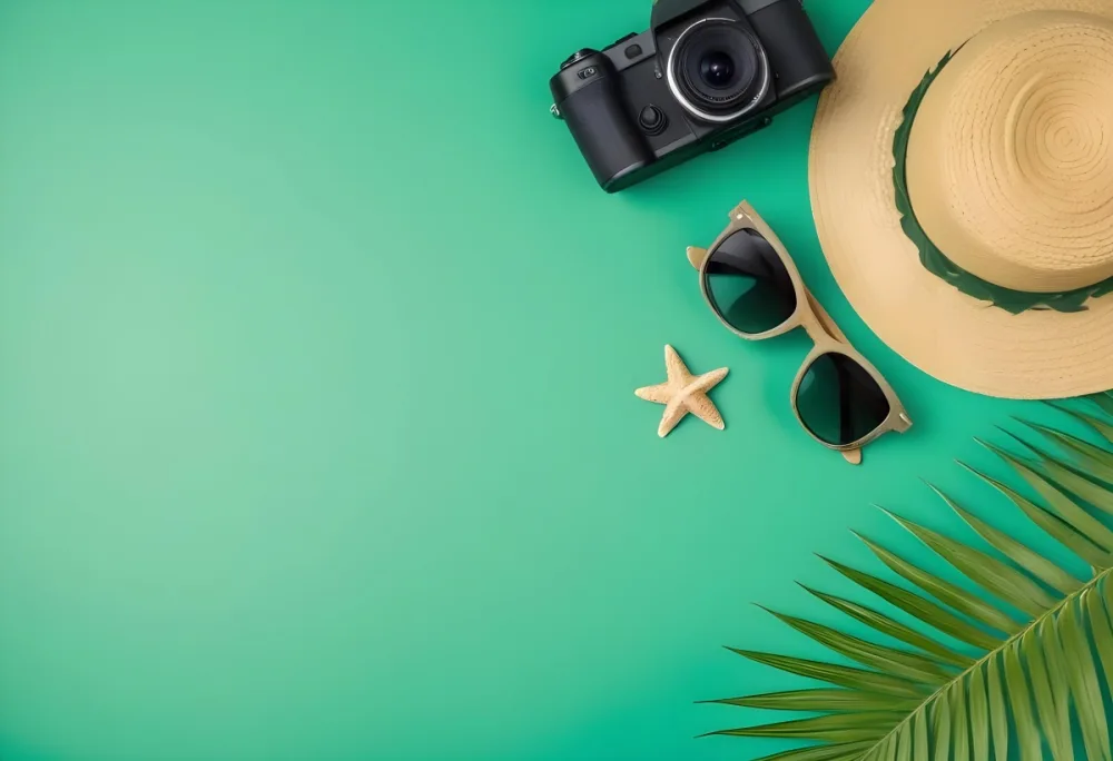 Camera Sunglasses Shells Straw Hat And A Palm Leaf On A Green Background Summer Vacation Concept Travel And Tourism 8 2e29