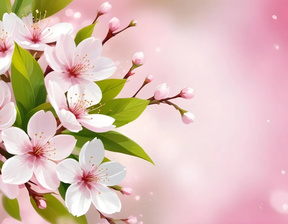 Cherry Blossom Flowers With White Petals And Pink Pistils Green Leaves Soft Pink Background With Bokeh Effect Romantic And Spring Themed Delicate And Detailed Illustration 13 372c