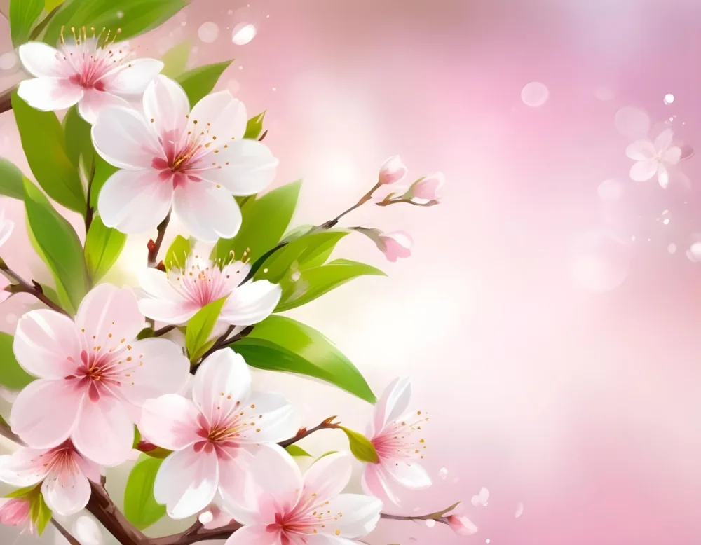 Cherry Blossom Flowers With White Petals And Pink Pistils Green Leaves Soft Pink Background With Bokeh Effect Romantic And Spring Themed Delicate And Detailed Illustration 17 7cd8