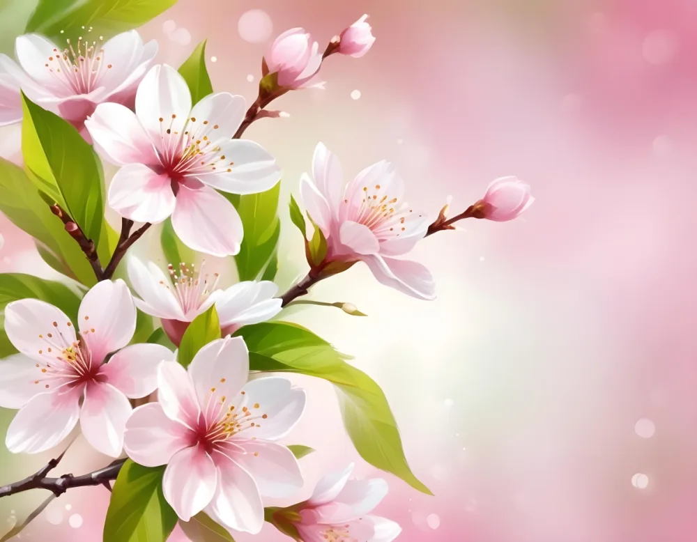 Cherry Blossom Flowers With White Petals And Pink Pistils Green Leaves Soft Pink Background With Bokeh Effect Romantic And Spring Themed Delicate And Detailed Illustration 22 F666