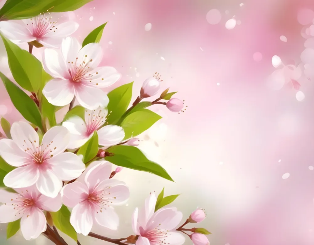 Cherry Blossom Flowers With White Petals And Pink Pistils Green Leaves Soft Pink Background With Bokeh Effect Romantic And Spring Themed Delicate And Detailed Illustration 26 1888