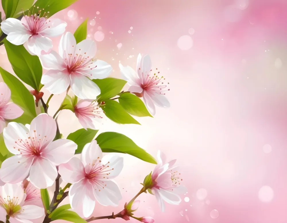 Cherry Blossom Flowers With White Petals And Pink Pistils Green Leaves Soft Pink Background With Bokeh Effect Romantic And Spring Themed Delicate And Detailed Illustration 30 E3df