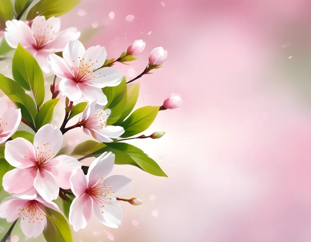 Cherry Blossom Flowers With White Petals And Pink Pistils Green Leaves Soft Pink Background With Bokeh Effect Romantic And Spring Themed Delicate And Detailed Illustration 32 D4d8