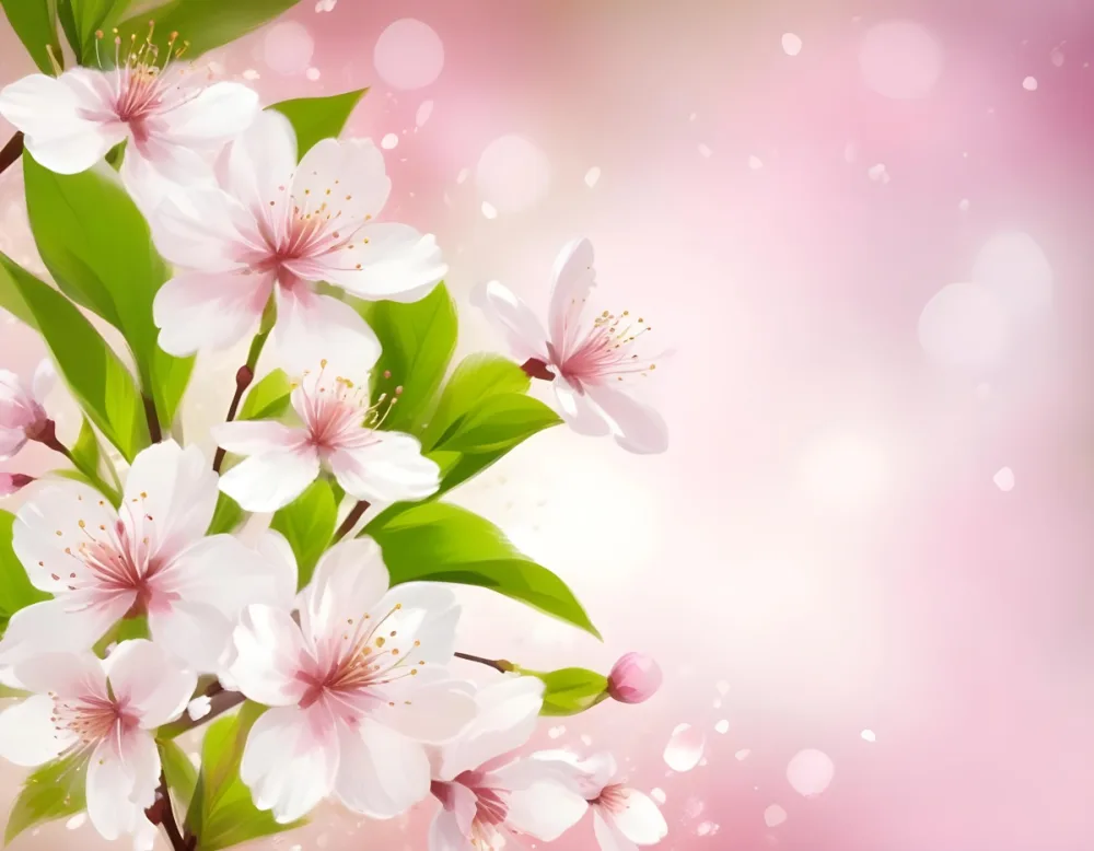 Cherry Blossom Flowers With White Petals And Pink Pistils Green Leaves Soft Pink Background With Bokeh Effect Romantic And Spring Themed Delicate And Detailed Illustration 33 E67d