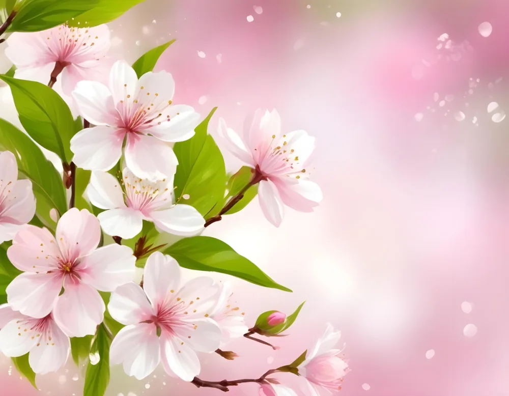 Cherry Blossom Flowers With White Petals And Pink Pistils Green Leaves Soft Pink Background With Bokeh Effect Romantic And Spring Themed Delicate And Detailed Illustration 34 600a