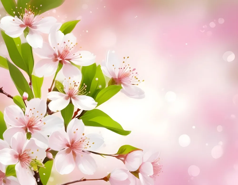 Cherry Blossom Flowers With White Petals And Pink Pistils Green Leaves Soft Pink Background With Bokeh Effect Romantic And Spring Themed Delicate And Detailed Illustration 35 8d20