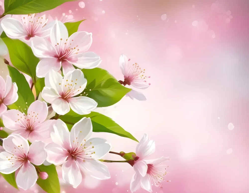 Cherry Blossom Flowers With White Petals And Pink Pistils Green Leaves Soft Pink Background With Bokeh Effect Romantic And Spring Themed Delicate And Detailed Illustration 38 5170