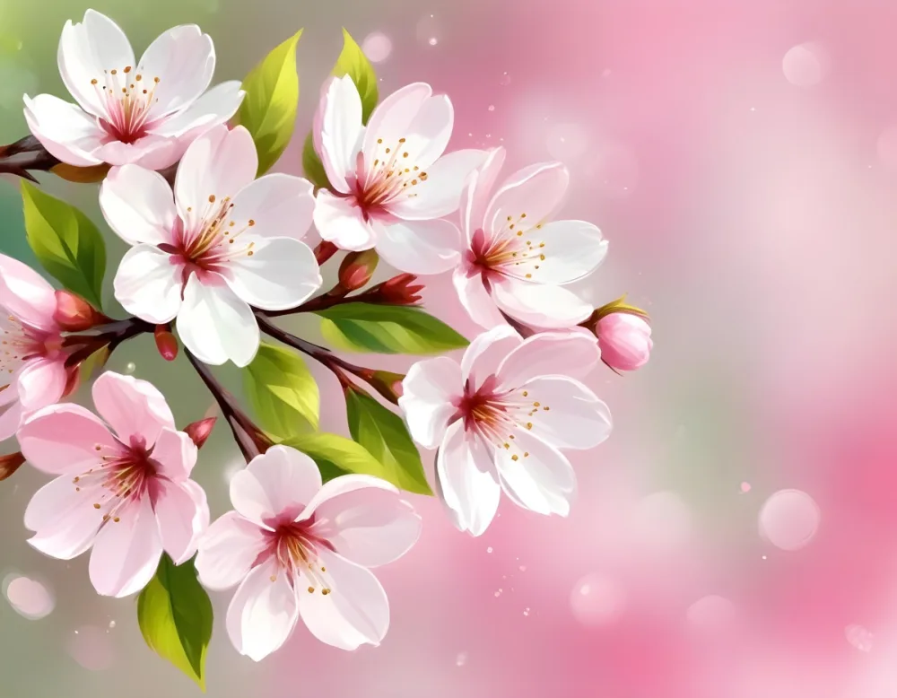 Cherry Blossom Flowers With White Petals And Pink Pistils Green Leaves Soft Pink Background With Bokeh Effect Romantic And Spring Themed Delicate And Detailed Illustration 4 5eb1
