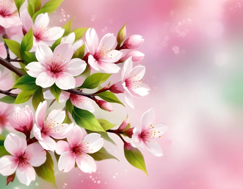 Cherry Blossom Flowers With White Petals And Pink Pistils Green Leaves Soft Pink Background With Bokeh Effect Romantic And Spring Themed Delicate And Detailed Illustration 5 D02c