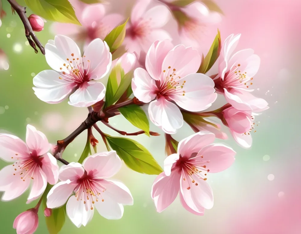 Cherry Blossom Flowers With White Petals And Pink Pistils Green Leaves Soft Pink Background With Bokeh Effect Romantic And Spring Themed Delicate And Detailed Illustration 6 29cb