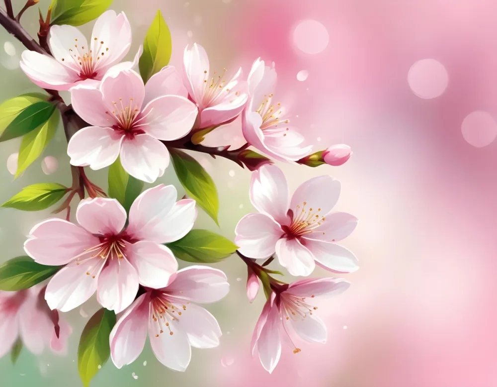 Cherry Blossom Flowers With White Petals And Pink Pistils Green Leaves Soft Pink Background With Bokeh Effect Romantic And Spring Themed Delicate And Detailed Illustration 8 9151