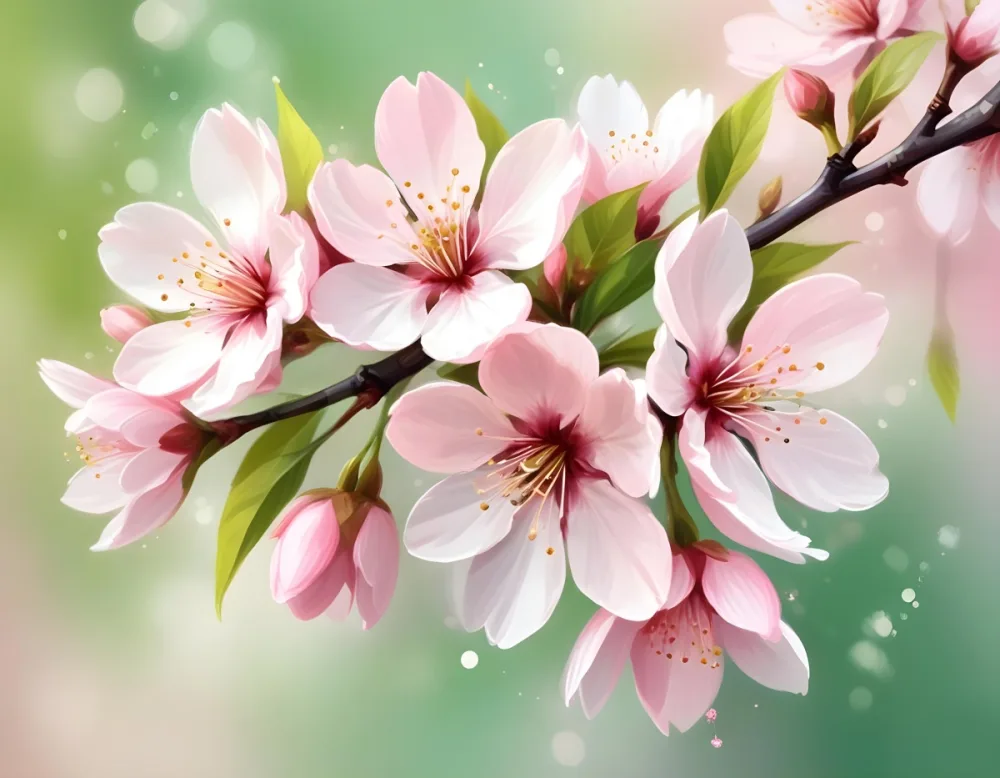 Cherry Blossom Flowers With White Petals And Pink Pistils Green Leaves Soft Pink Background With Bokeh Effect Romantic And Spring Themed Delicate And Detailed Illustration 9 Da25
