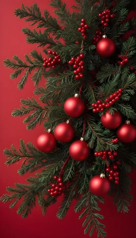 Christmas Tree Branches With Red Ornaments And Berries On A Solid Red Background 19
