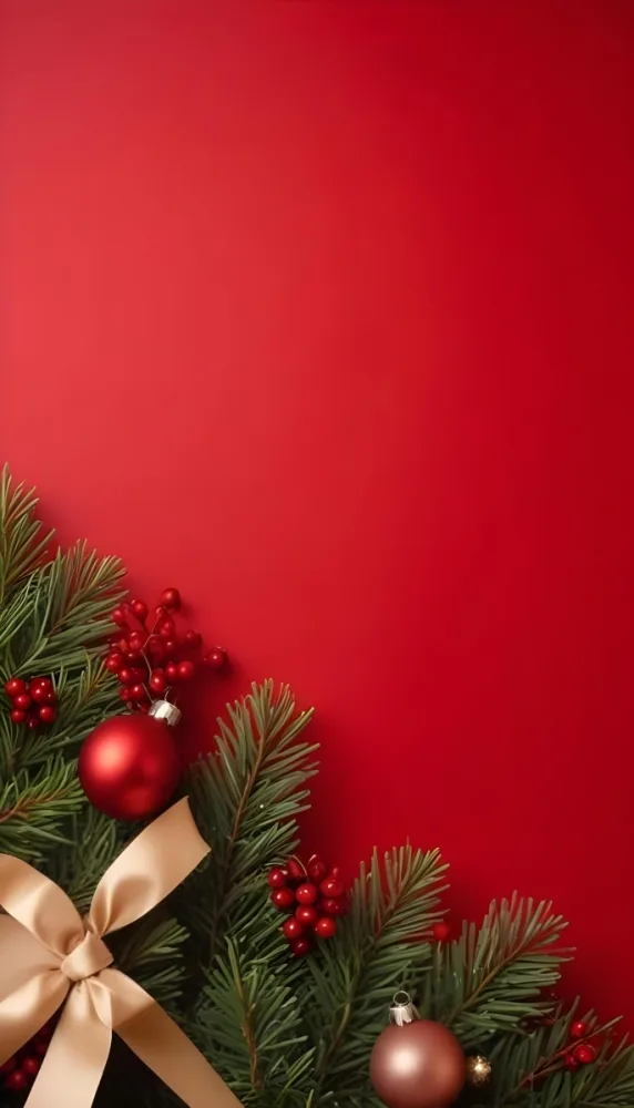 Christmas Tree Branches With Red Ornaments And Berries On A Solid Red Background 6 2830