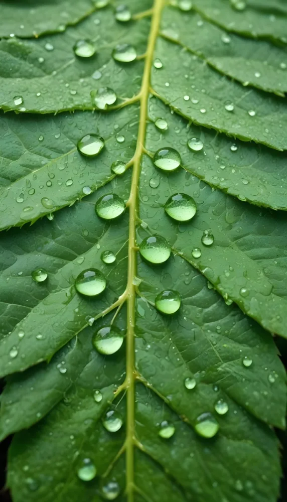 Close Up Of A Green Leaf Covered In Water Droplets The Droplets Are Small And Round Evenly Distributed Across The Surface Of The Leaf The Background Is A Solid Green Color 27 6833