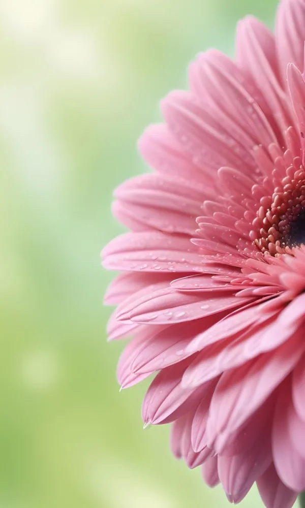 Close Up Of A Pink Gerbera Daisy With Soft Rounded Petals Partially Filling The Frame Against A Blurred Light Green Background With Bokeh Effects 22 0f9c