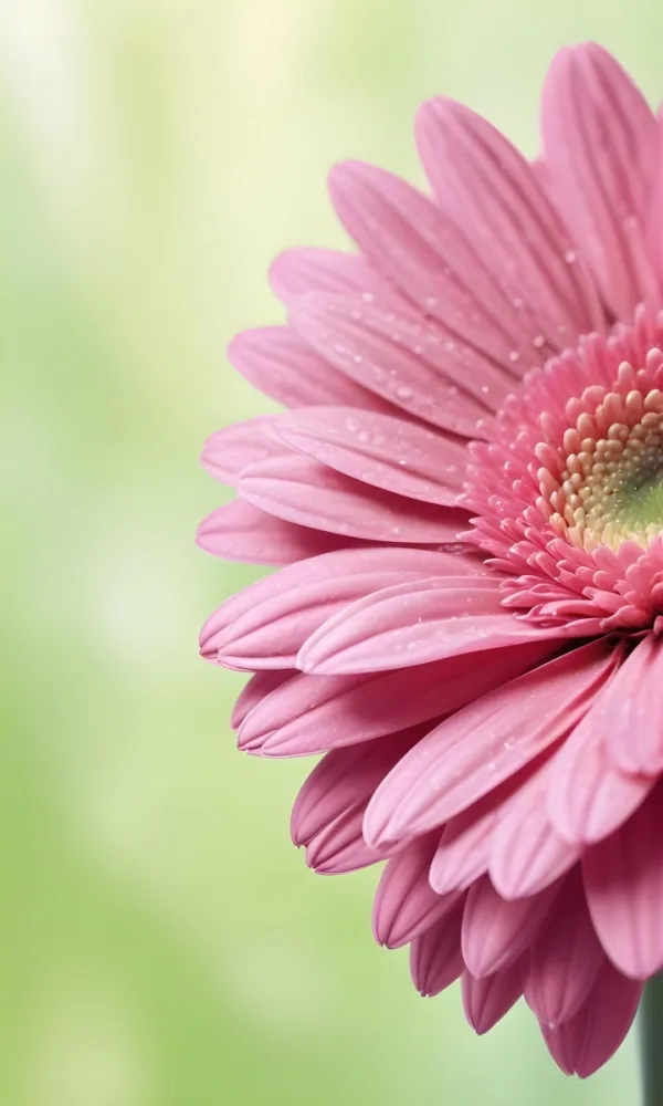 Close Up Of A Pink Gerbera Daisy With Soft Rounded Petals Partially Filling The Frame Against A Blurred Light Green Background With Bokeh Effects 30 39e9