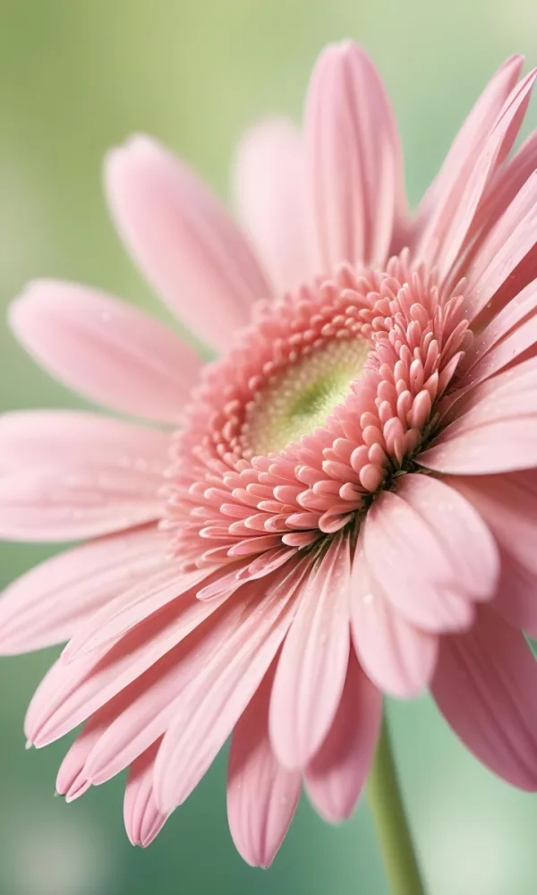 Close Up Of A Pink Gerbera Daisy With Soft Rounded Petals Partially Filling The Frame Against A Blurred Light Green Background With Bokeh Effects 32 8fc3