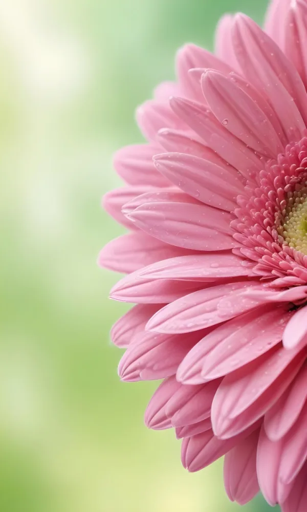 Close Up Of A Pink Gerbera Daisy With Soft Rounded Petals Partially Filling The Frame Against A Blurred Light Green Background With Bokeh Effects 39 E77c