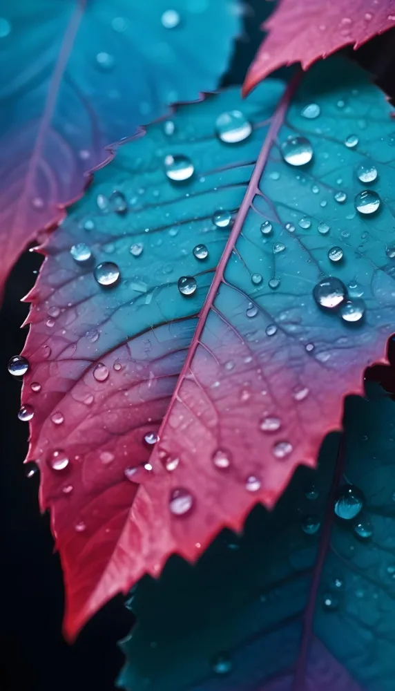 Close Up Of Vibrant Leaves With Droplets Of Water On Their Surface Showcasing A Gradient Of Colors From Deep Purple To Teal The Leaves Have Visible Veins And A Glossy Surface Reflecting Light From The Water Droplets I 11 B821