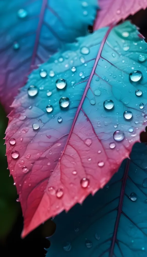 Close Up Of Vibrant Leaves With Droplets Of Water On Their Surface Showcasing A Gradient Of Colors From Deep Purple To Teal The Leaves Have Visible Veins And A Glossy Surface Reflecting Light From The Water Droplets I 15 548e