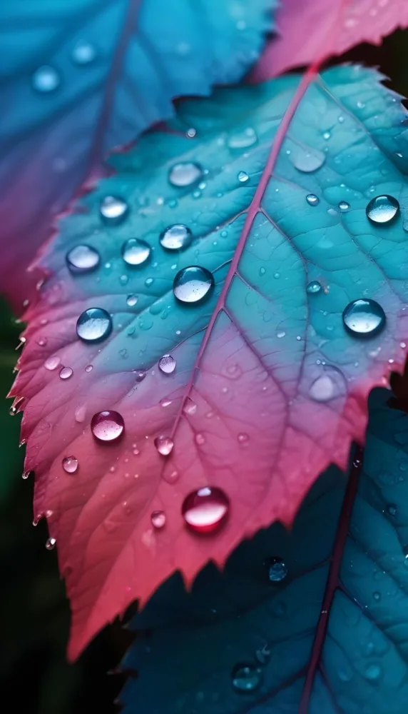 Close Up Of Vibrant Leaves With Droplets Of Water On Their Surface Showcasing A Gradient Of Colors From Deep Purple To Teal The Leaves Have Visible Veins And A Glossy Surface Reflecting Light From The Water Droplets I 16 49fc