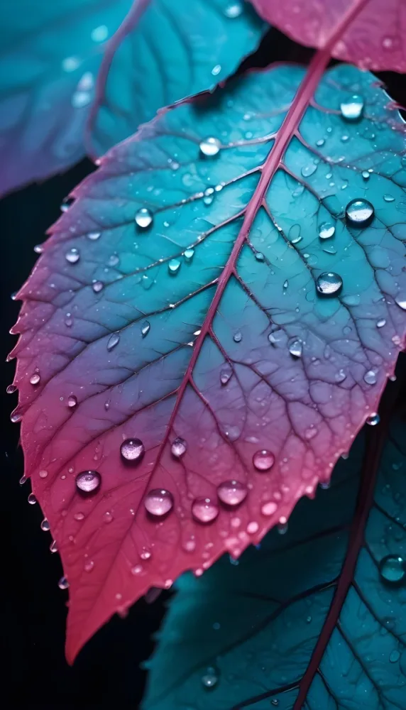 Close Up Of Vibrant Leaves With Droplets Of Water On Their Surface Showcasing A Gradient Of Colors From Deep Purple To Teal The Leaves Have Visible Veins And A Glossy Surface Reflecting Light From The Water Droplets I 18 C9fb