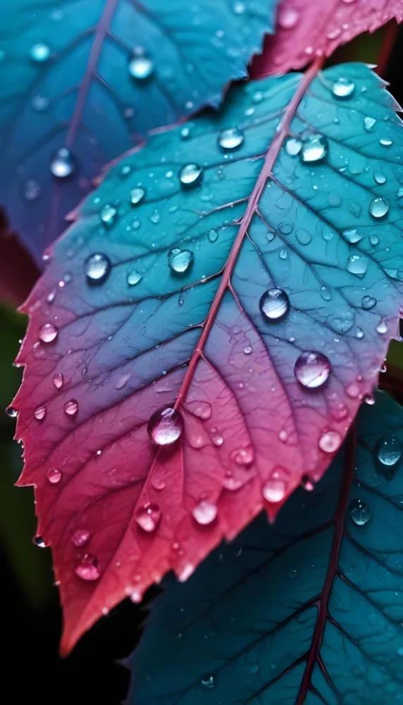 Close Up Of Vibrant Leaves With Droplets Of Water On Their Surface Showcasing A Gradient Of Colors From Deep Purple To Teal The Leaves Have Visible Veins And A Glossy Surface Reflecting Light From The Water Droplets I 19 20c0