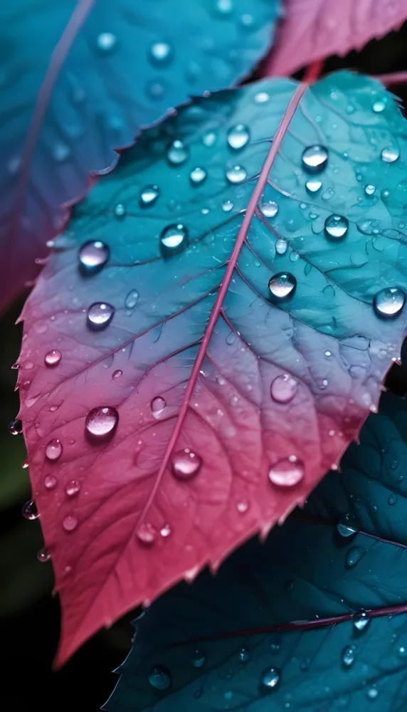 Close Up Of Vibrant Leaves With Droplets Of Water On Their Surface Showcasing A Gradient Of Colors From Deep Purple To Teal The Leaves Have Visible Veins And A Glossy Surface Reflecting Light From The Water Droplets I 20 5855