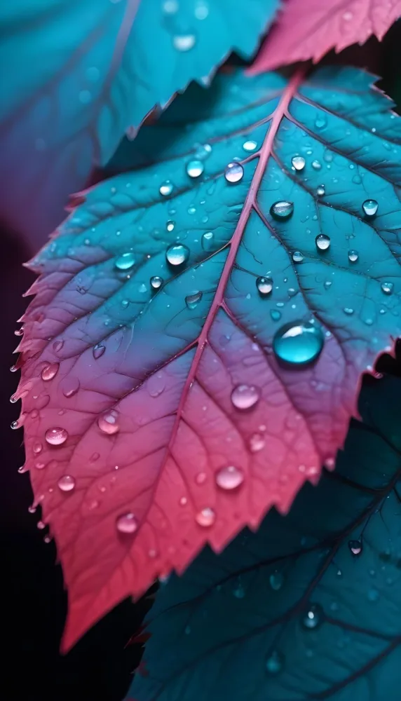 Close Up Of Vibrant Leaves With Droplets Of Water On Their Surface Showcasing A Gradient Of Colors From Deep Purple To Teal The Leaves Have Visible Veins And A Glossy Surface Reflecting Light From The Water Droplets I 24 E996