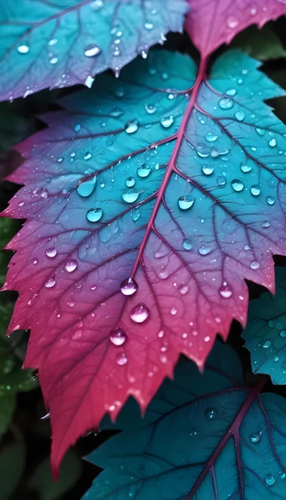 Close Up Of Vibrant Leaves With Droplets Of Water On Their Surface Showcasing A Gradient Of Colors From Deep Purple To Teal The Leaves Have Visible Veins And A Glossy Surface Reflecting Light From The Water Droplets I 26 0b5d