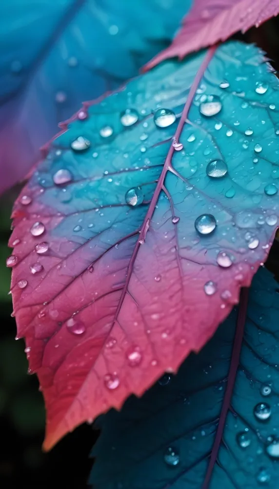 Close Up Of Vibrant Leaves With Droplets Of Water On Their Surface Showcasing A Gradient Of Colors From Deep Purple To Teal The Leaves Have Visible Veins And A Glossy Surface Reflecting Light From The Water Droplets I 28 Ac1e