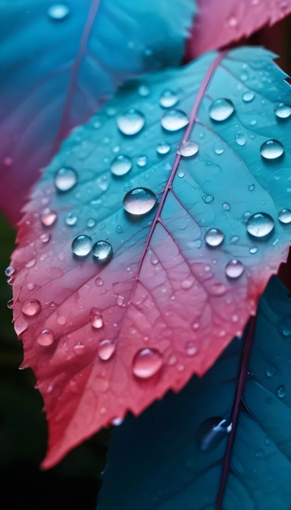 Close Up Of Vibrant Leaves With Droplets Of Water On Their Surface Showcasing A Gradient Of Colors From Deep Purple To Teal The Leaves Have Visible Veins And A Glossy Surface Reflecting Light From The Water Droplets I 3 76dc