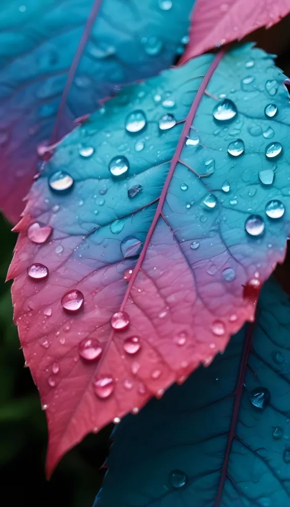 Close Up Of Vibrant Leaves With Droplets Of Water On Their Surface Showcasing A Gradient Of Colors From Deep Purple To Teal The Leaves Have Visible Veins And A Glossy Surface Reflecting Light From The Water Droplets I 33 3ad2