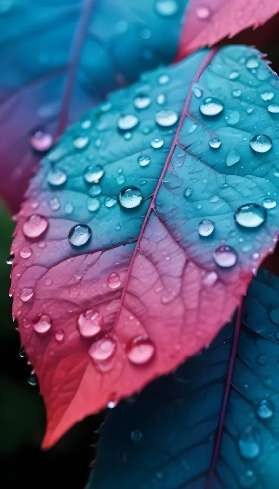 Close Up Of Vibrant Leaves With Droplets Of Water On Their Surface Showcasing A Gradient Of Colors From Deep Purple To Teal The Leaves Have Visible Veins And A Glossy Surface Reflecting Light From The Water Droplets I 35 063d