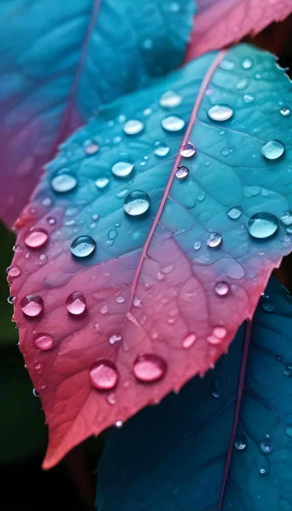 Close Up Of Vibrant Leaves With Droplets Of Water On Their Surface Showcasing A Gradient Of Colors From Deep Purple To Teal The Leaves Have Visible Veins And A Glossy Surface Reflecting Light From The Water Droplets I 36 992c