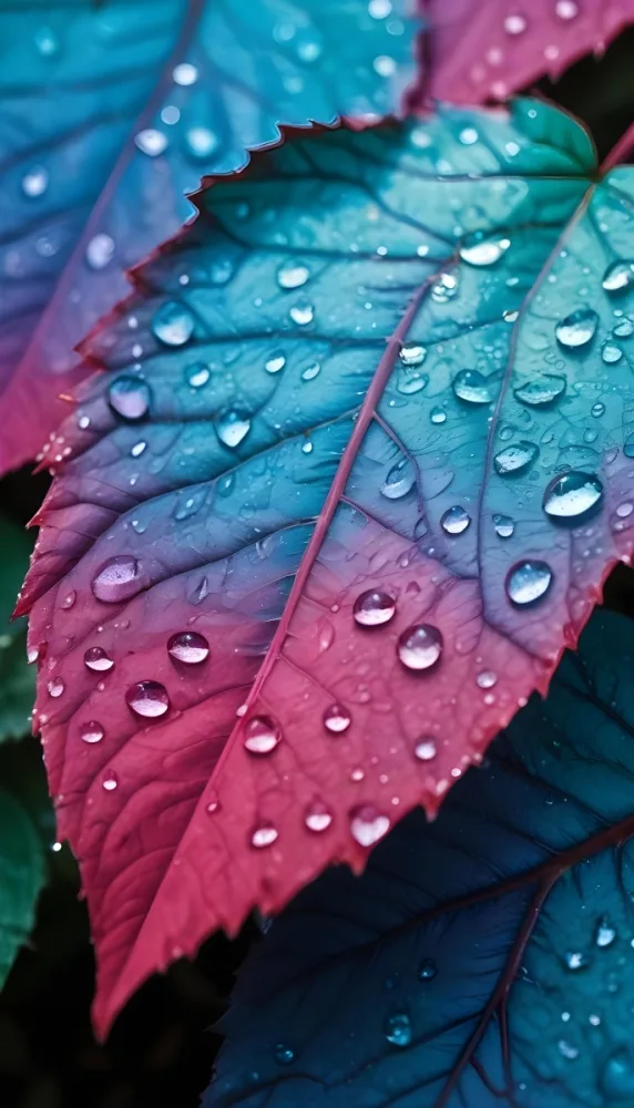 Close Up Of Vibrant Leaves With Droplets Of Water On Their Surface Showcasing A Gradient Of Colors From Deep Purple To Teal The Leaves Have Visible Veins And A Glossy Surface Reflecting Light From The Water Droplets I 37 55c0