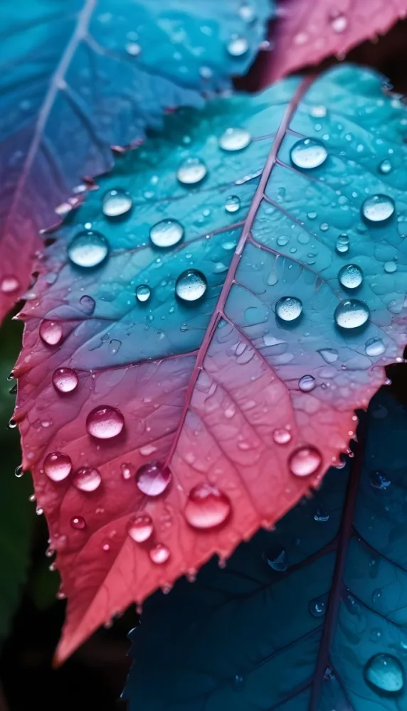 Close Up Of Vibrant Leaves With Droplets Of Water On Their Surface Showcasing A Gradient Of Colors From Deep Purple To Teal The Leaves Have Visible Veins And A Glossy Surface Reflecting Light From The Water Droplets I 38 08ef