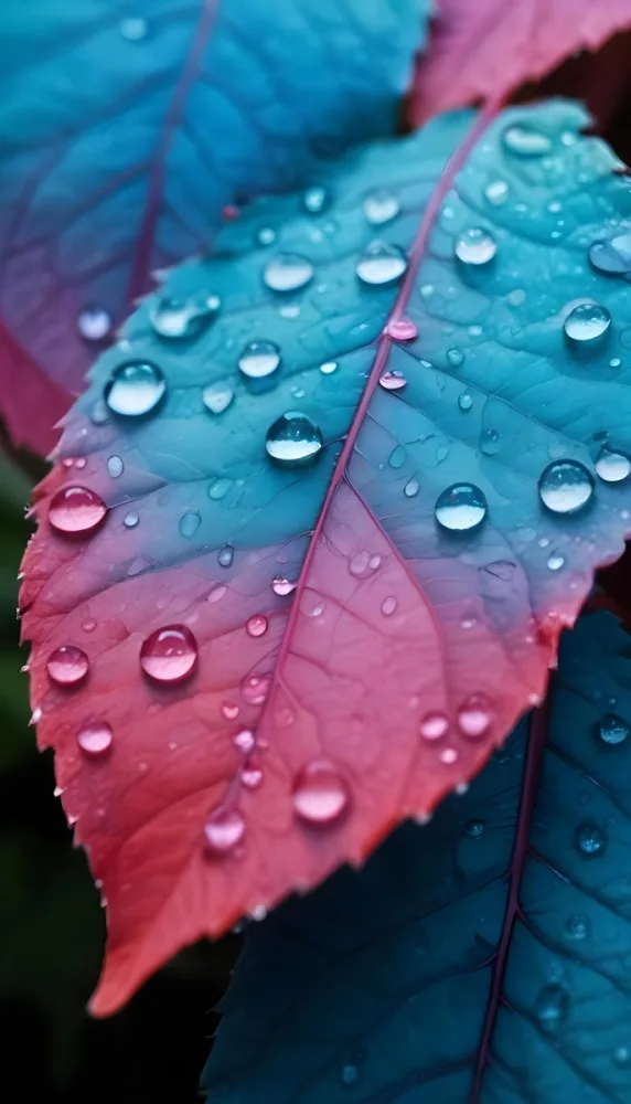 Close Up Of Vibrant Leaves With Droplets Of Water On Their Surface Showcasing A Gradient Of Colors From Deep Purple To Teal The Leaves Have Visible Veins And A Glossy Surface Reflecting Light From The Water Droplets I 39 4a3d