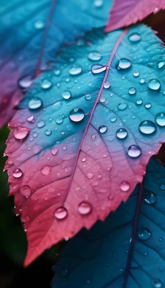 Close Up Of Vibrant Leaves With Droplets Of Water On Their Surface Showcasing A Gradient Of Colors From Deep Purple To Teal The Leaves Have Visible Veins And A Glossy Surface Reflecting Light From The Water Droplets I 40 6f84