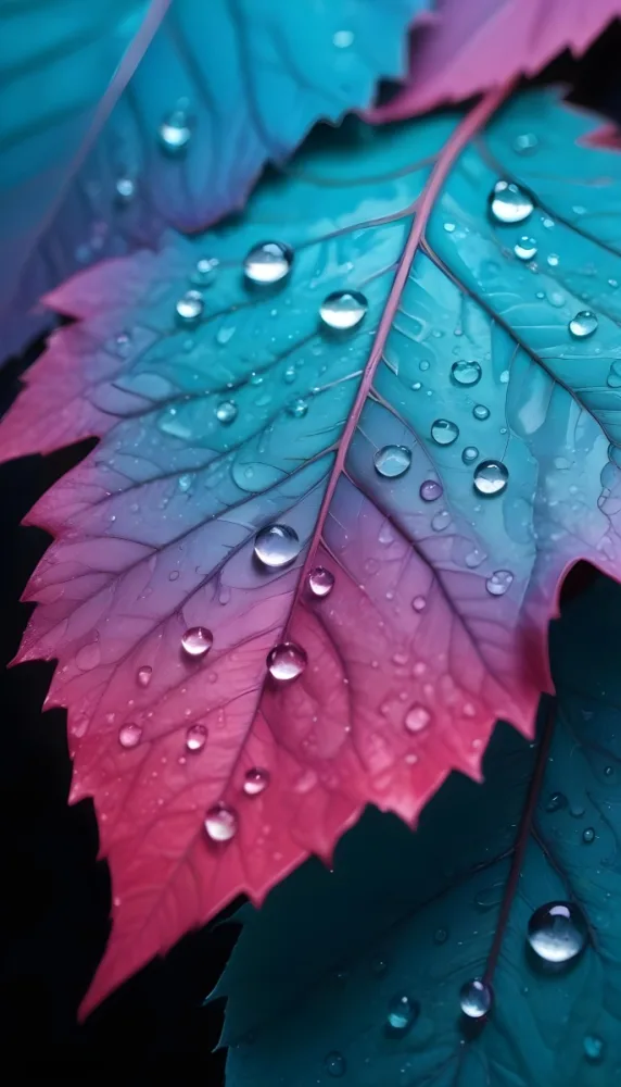 Close Up Of Vibrant Leaves With Droplets Of Water On Their Surface Showcasing A Gradient Of Colors From Deep Purple To Teal The Leaves Have Visible Veins And A Glossy Surface Reflecting Light From The Water Droplets I 5 F303