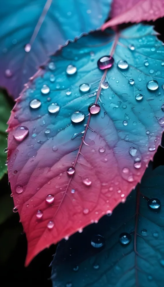 Close Up Of Vibrant Leaves With Droplets Of Water On Their Surface Showcasing A Gradient Of Colors From Deep Purple To Teal The Leaves Have Visible Veins And A Glossy Surface Reflecting Light From The Water Droplets I 6 28fd