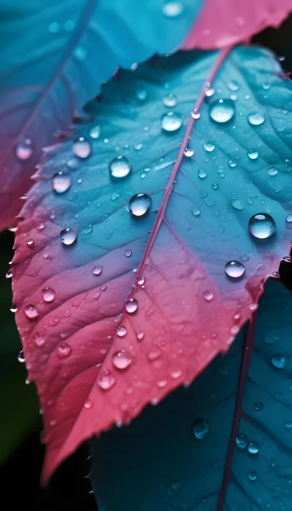 Close Up Of Vibrant Leaves With Droplets Of Water On Their Surface Showcasing A Gradient Of Colors From Deep Purple To Teal The Leaves Have Visible Veins And A Glossy Surface Reflecting Light From The Water Droplets I 7 D4ba