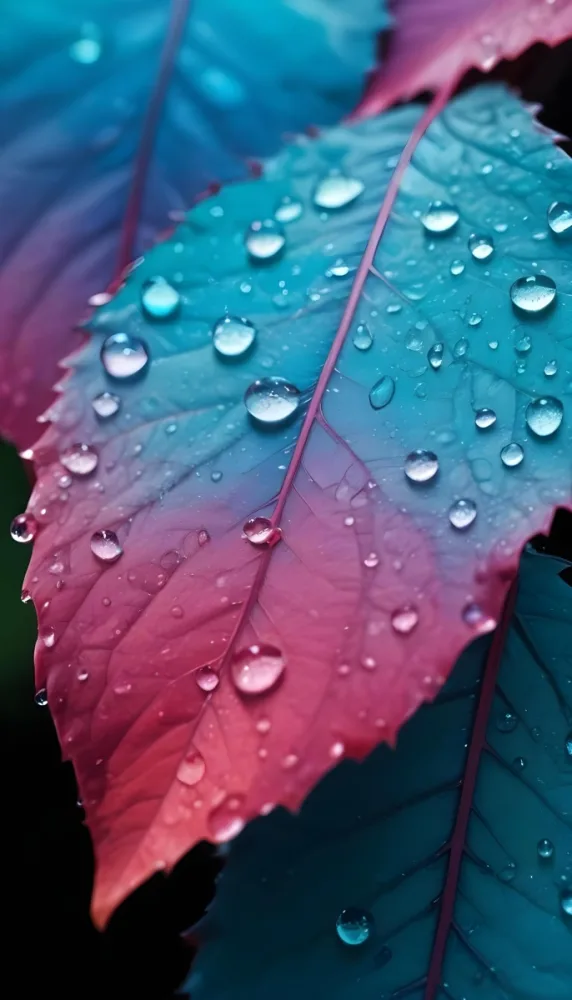 Close Up Of Vibrant Leaves With Droplets Of Water On Their Surface Showcasing A Gradient Of Colors From Deep Purple To Teal The Leaves Have Visible Veins And A Glossy Surface Reflecting Light From The Water Droplets I 8 9798