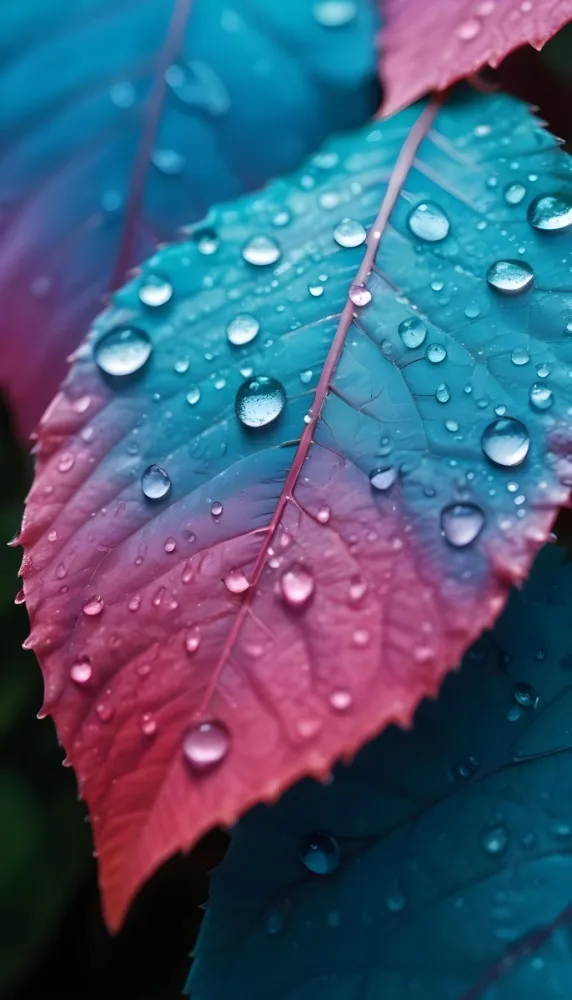 Close Up Of Vibrant Leaves With Droplets Of Water On Their Surface Showcasing A Gradient Of Colors From Deep Purple To Teal The Leaves Have Visible Veins And A Glossy Surface Reflecting Light From The Water Droplets I 9 E415