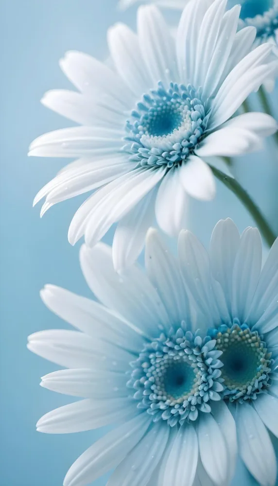 Close Up Of White And Light Blue Daisy Flowers With Delicate Petals Soft Lighting Light Blue Background Focus On The Details Of The Flower S Texture Macro Photography 11 E3a6